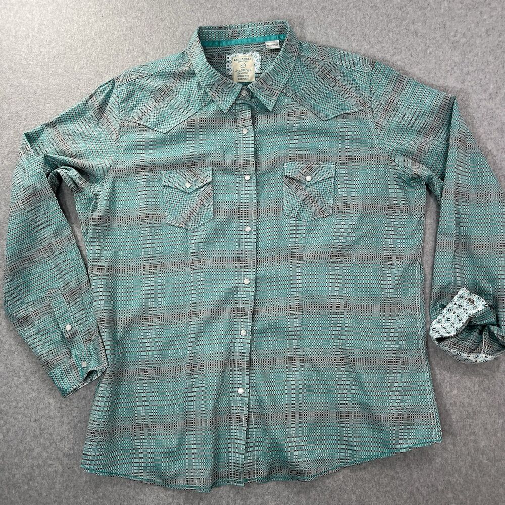 Panhandle Rough Stock Womens XXL Western Shirt Teal brown Pearl Snap Cowboy